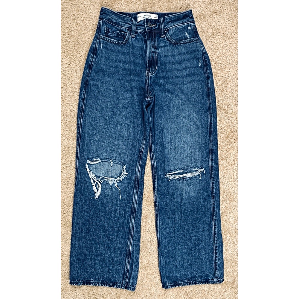 Hollister Ultra High Rise Baggy Jeans Medium Wash Distressed 25 x 28 Blue